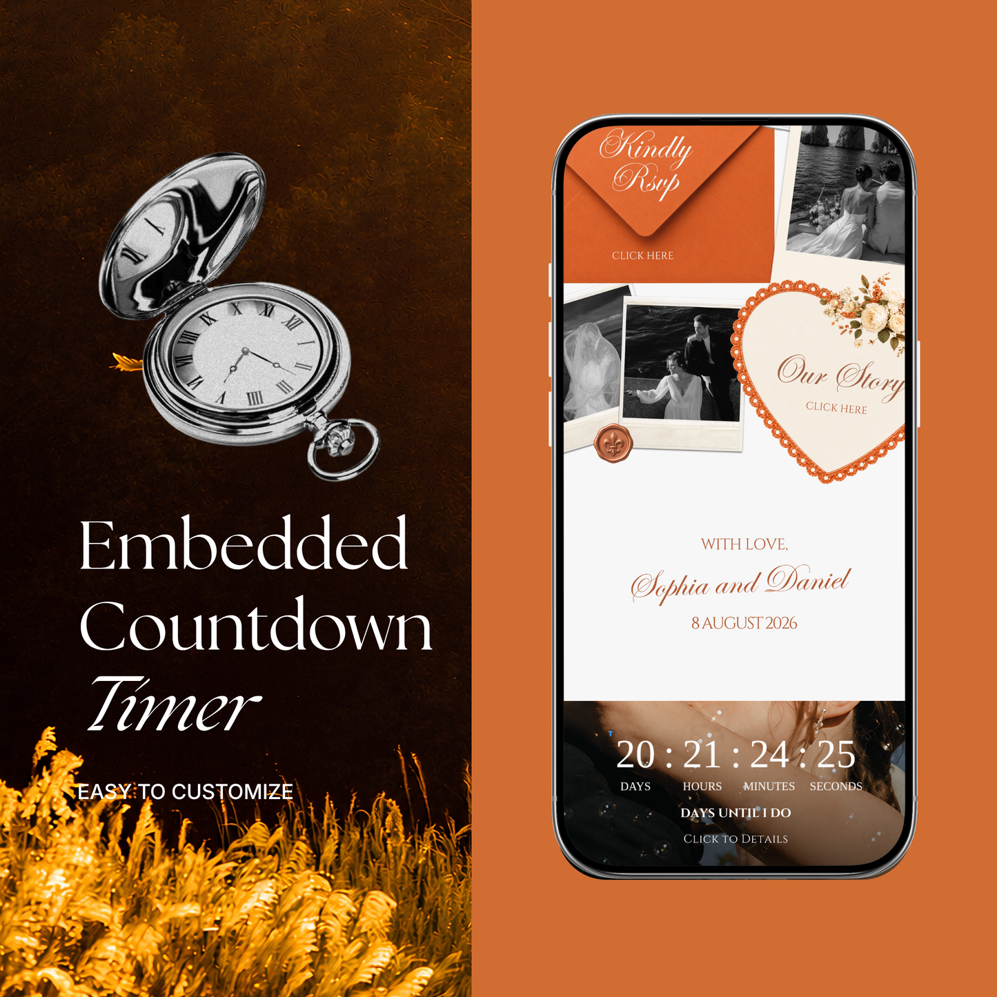 Burnt Orange Digital Wedding Invitation with RSVP, Music and Countdown Timer: Editable Canva Website (Digital Download)