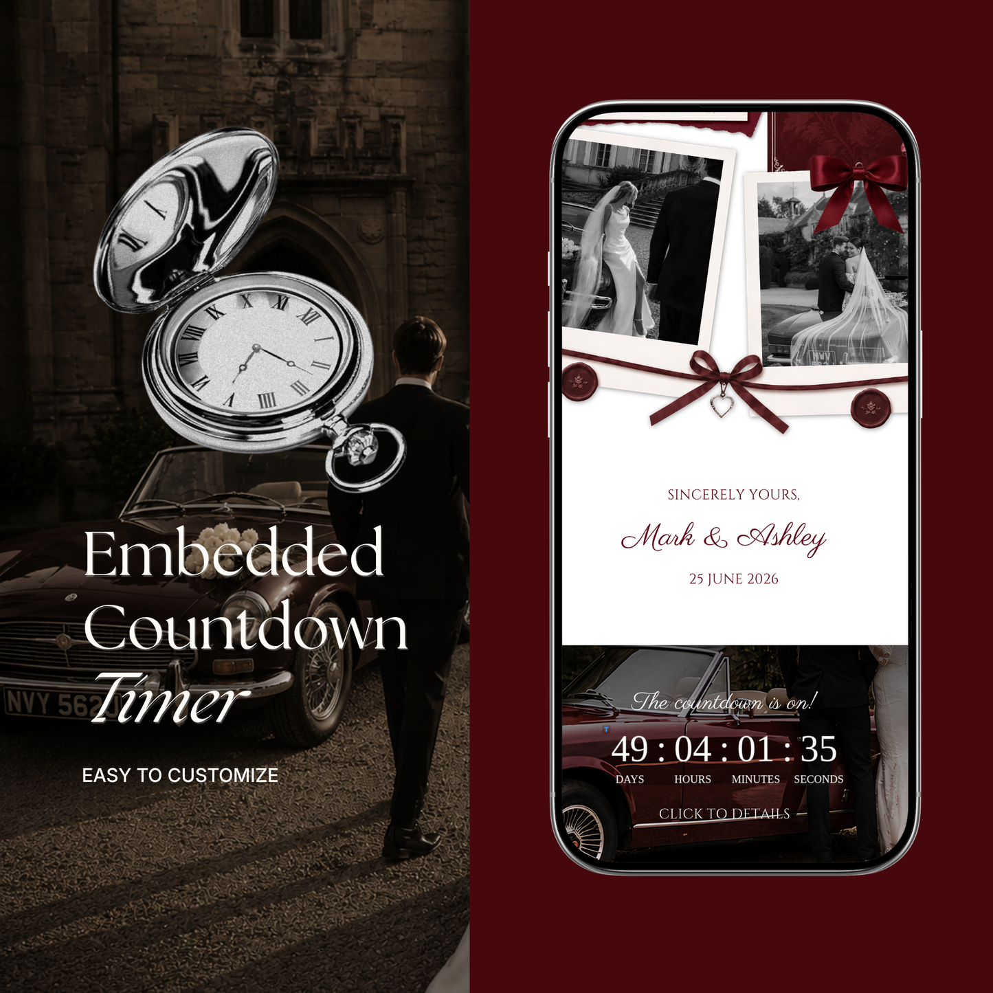 Burgundy & Ivory Vintage Floral Wedding Website Template | Editable Invitation with RSVP, Music and Countdown Timer (Digital Download)