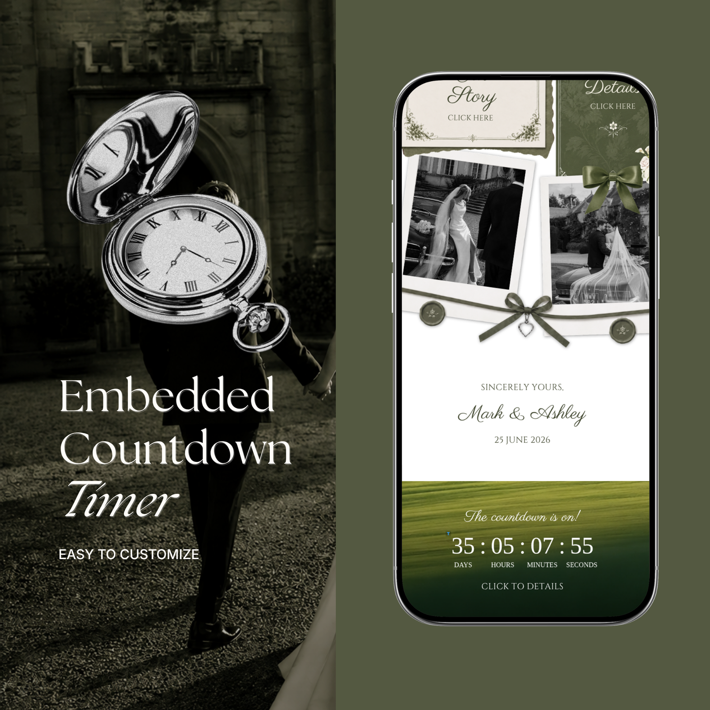 Sage & Ivory Wedding Website Template with RSVP, Music and Countdown Timer | Classic Floral Envelope Digital Invitation (Digital Download)