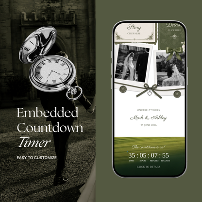 Sage & Ivory Wedding Website Template with RSVP, Music and Countdown Timer | Classic Floral Envelope Digital Invitation (Digital Download)