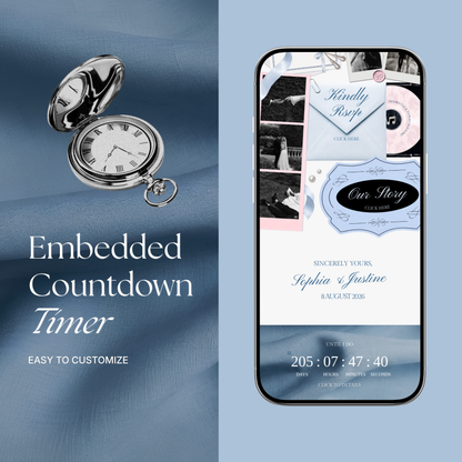 Blush Pink Blue Floral Wedding Website Template with RSVP, Music and Countdown Timer: Editable Canva Website (Digital Download)