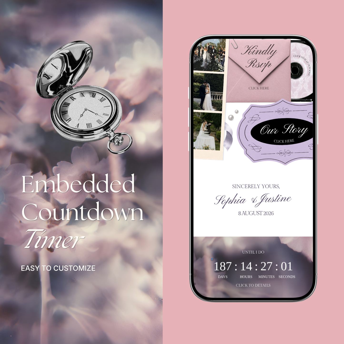Pink Lilac Pastel Wedding Website Template with RSVP, Music and Countdown Timer | Editable Canva Website (Digital Download)