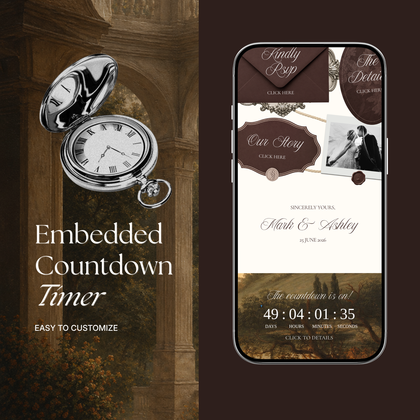 Old Money Wedding Website Template | Brown & Ivory Digital Wedding Invitation with RSVP, Music and Countdown Timer | Instant Download