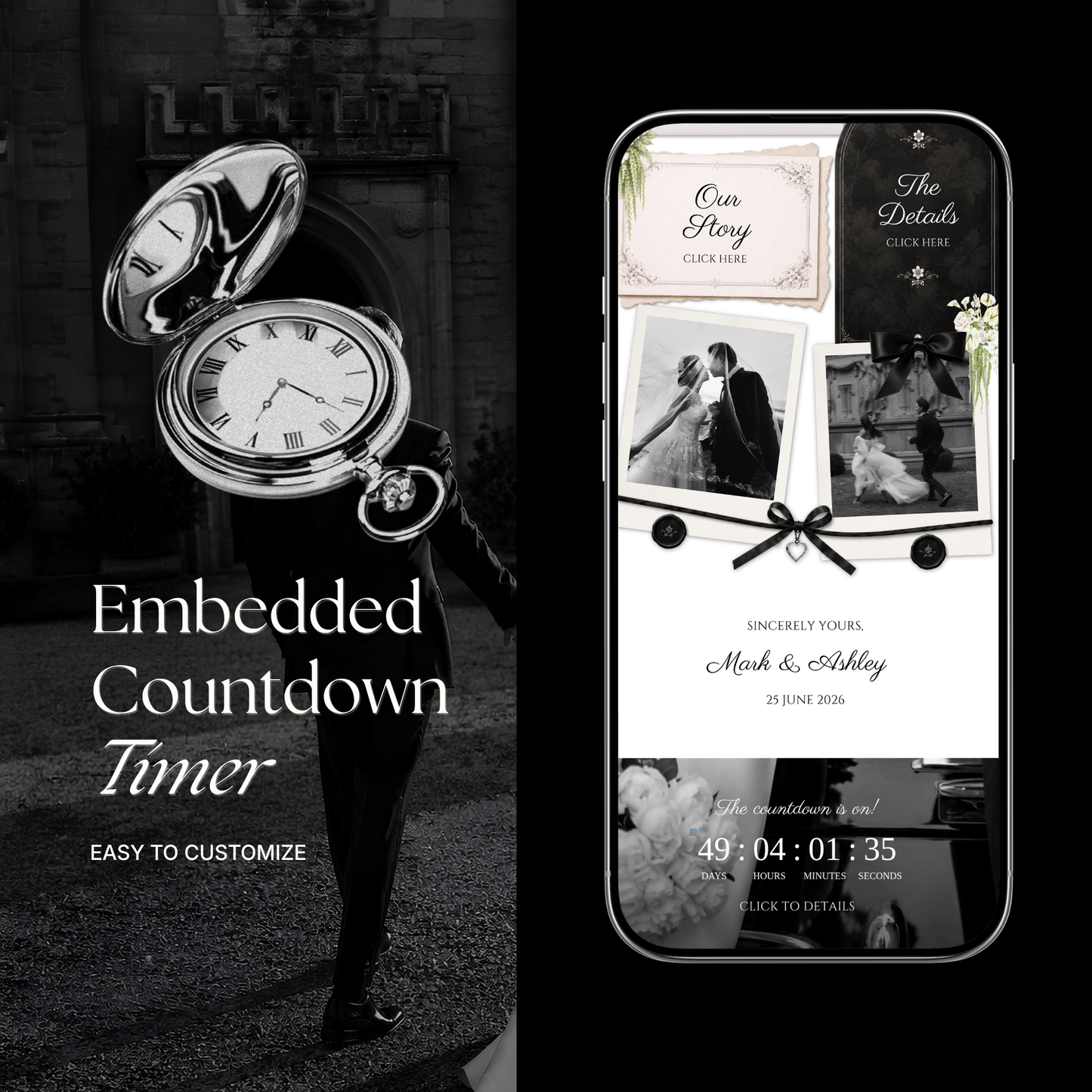 White & Black Floral Wedding Website Template | Editable Invitation with RSVP, Music and Countdown Timer (Digital Download)