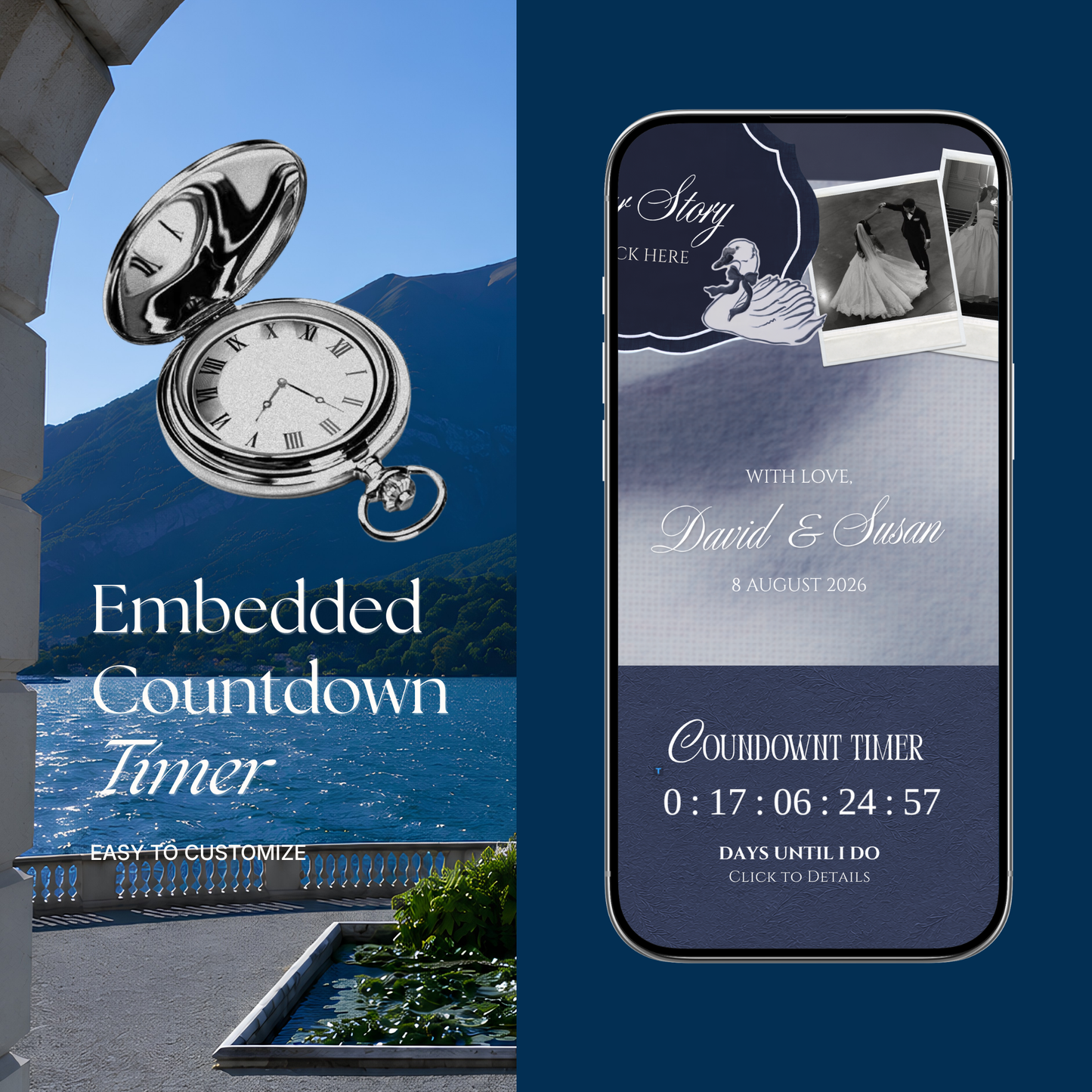 Navy & Dusty Blue Wedding Website Template with RSVP, Music and Countdown : Floral Classic Envelope Digital Invitation (Digital Download)