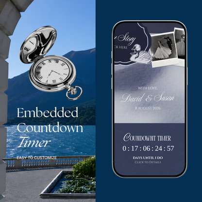 Navy & Dusty Blue Wedding Website Template with RSVP, Music and Countdown : Floral Classic Envelope Digital Invitation (Digital Download)
