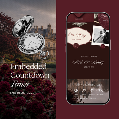 Old Money Burgundy Wedding Website Template with RSVP, Music and Countdown Timer: Digital Invitation (Digital Download)