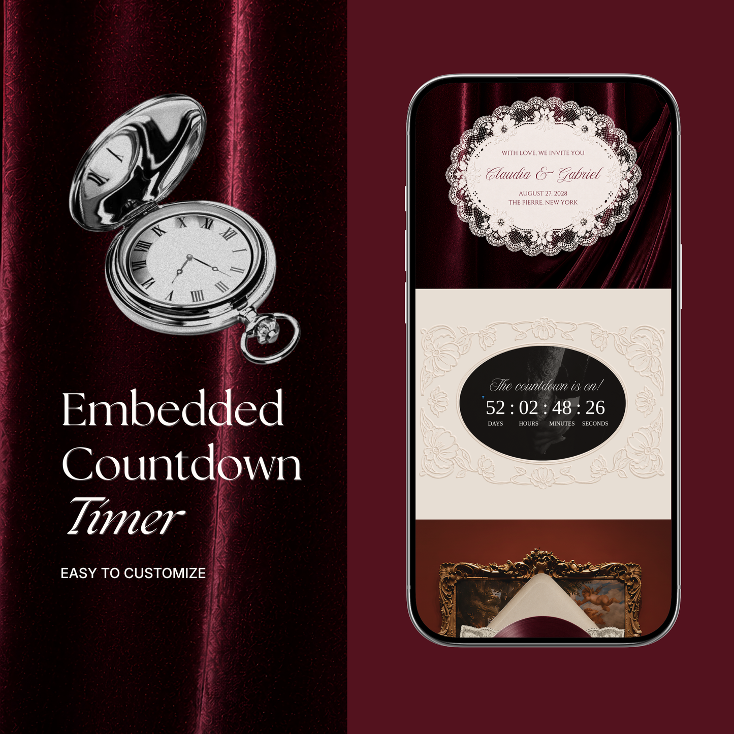 Old Money Wedding Website Template | Burgundy Digital Wedding Invitation with RSVP, Music and Coundown Timer | Instant Download