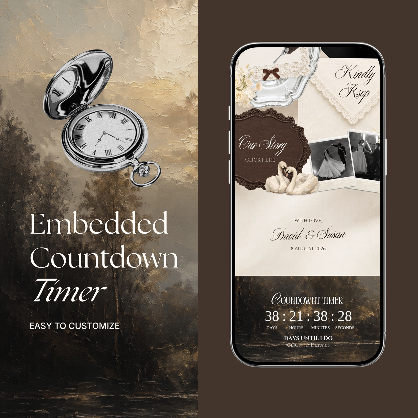 Old Money Wedding Website Template with RSVP , Music and Countdown Timer: Classic Lace Digital Wedding Invitation | Instant Download