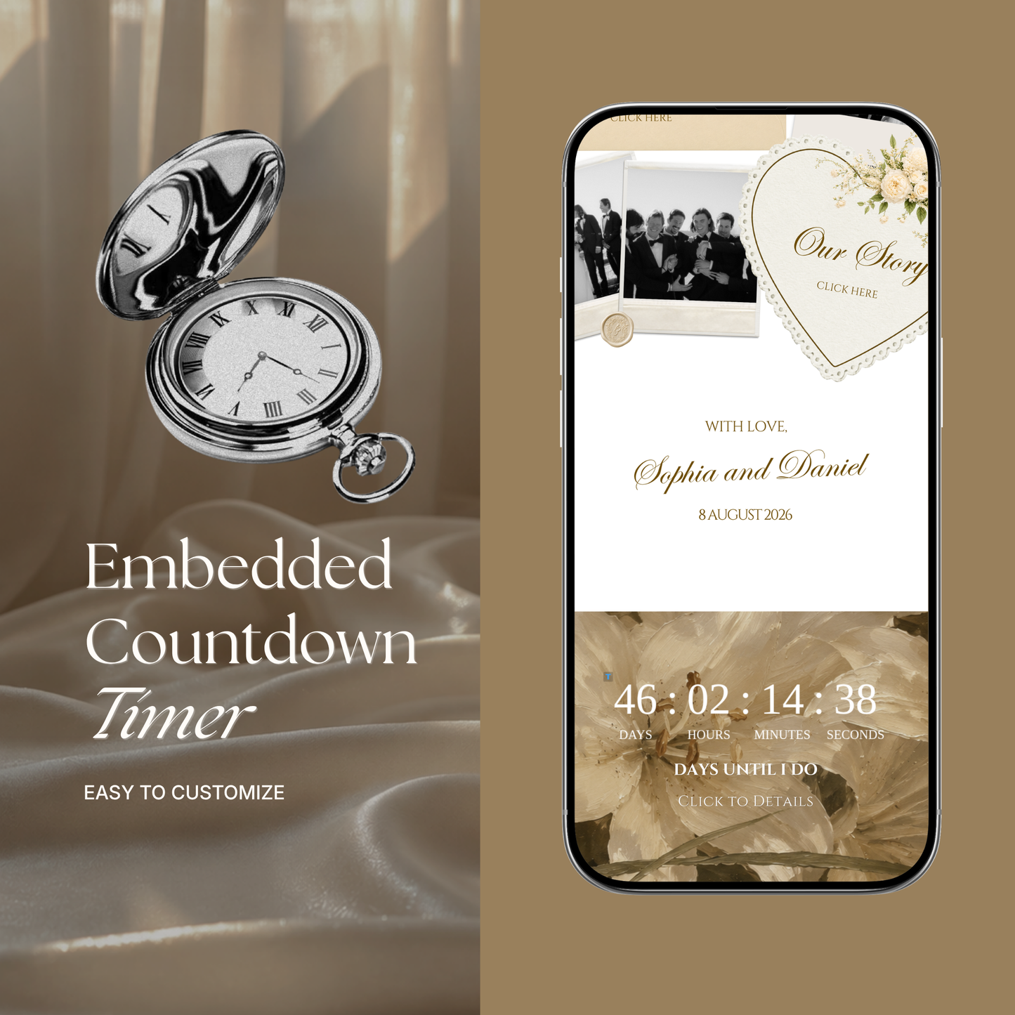 Champagne Beige Vintage Floral Wedding Website Template | Canva Digital Invitation with RSVP, Music and Countdown Timer (Digital Download)