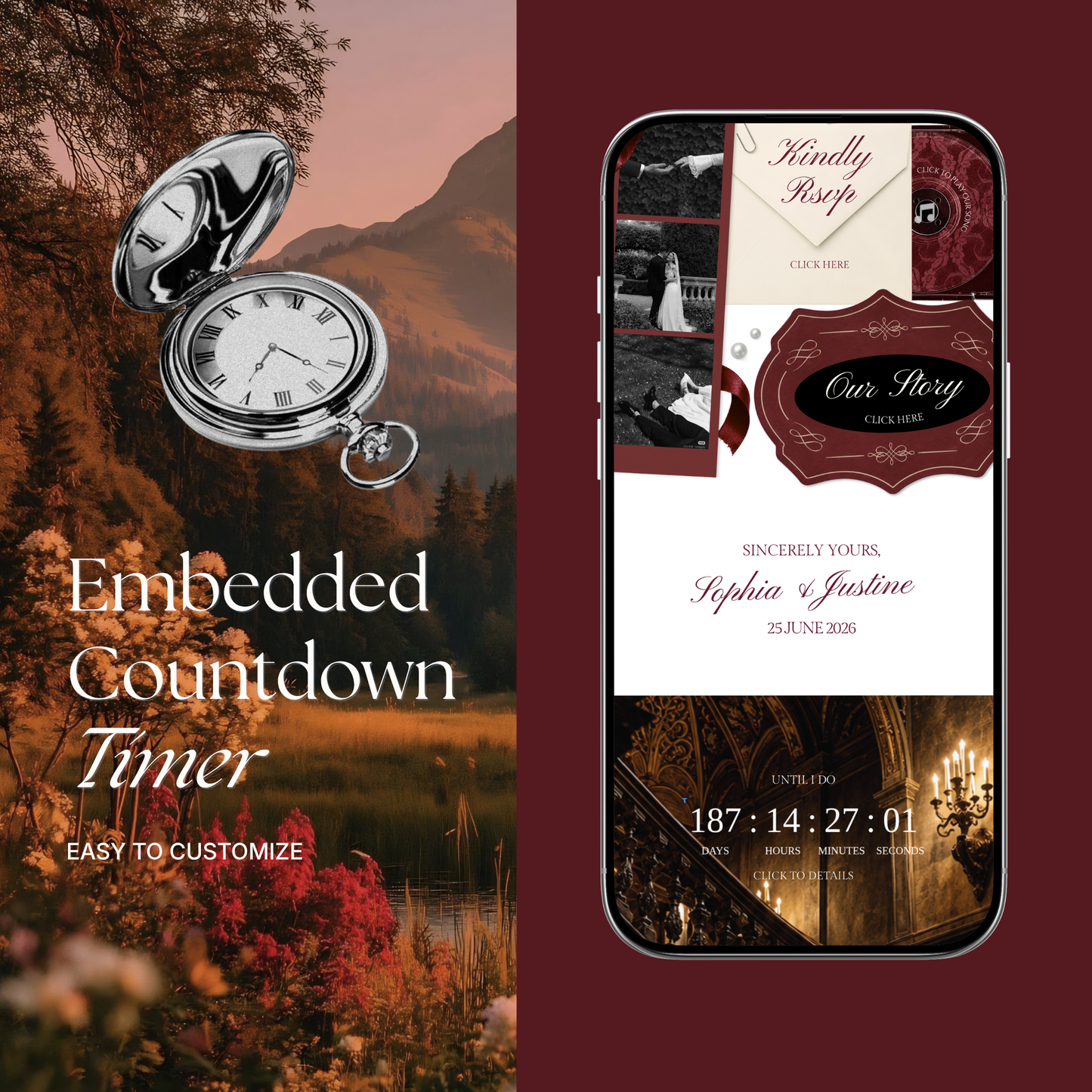 Burgundy & Ivory Wedding Website Template | Digital Wedding Invitation with RSVP, Music and Countdown Timer | Instant Download