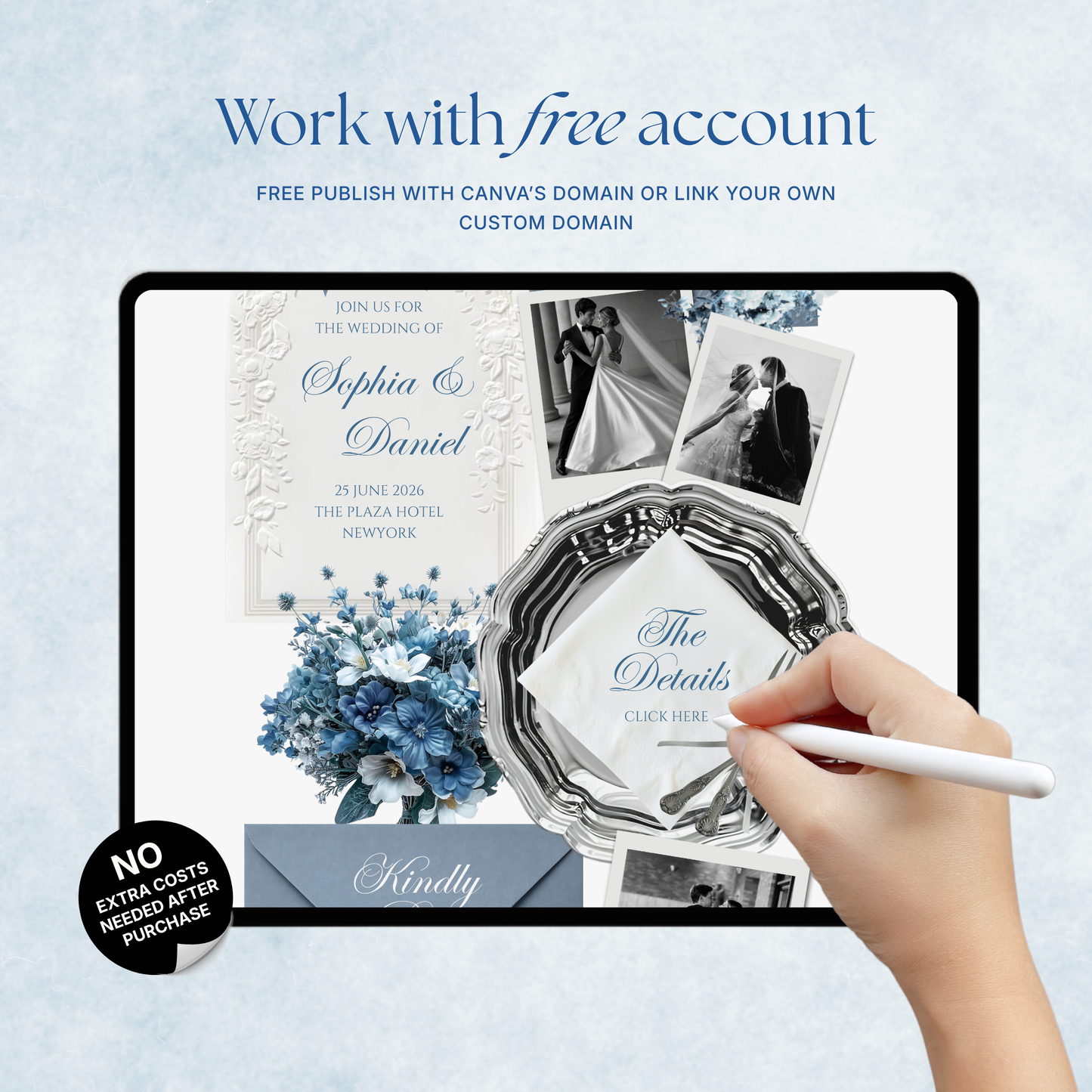 Dusty Blue Floral Wedding Website Template with RSVP, Music and Countdown Timer: Canva Editable Template (Digital Download)