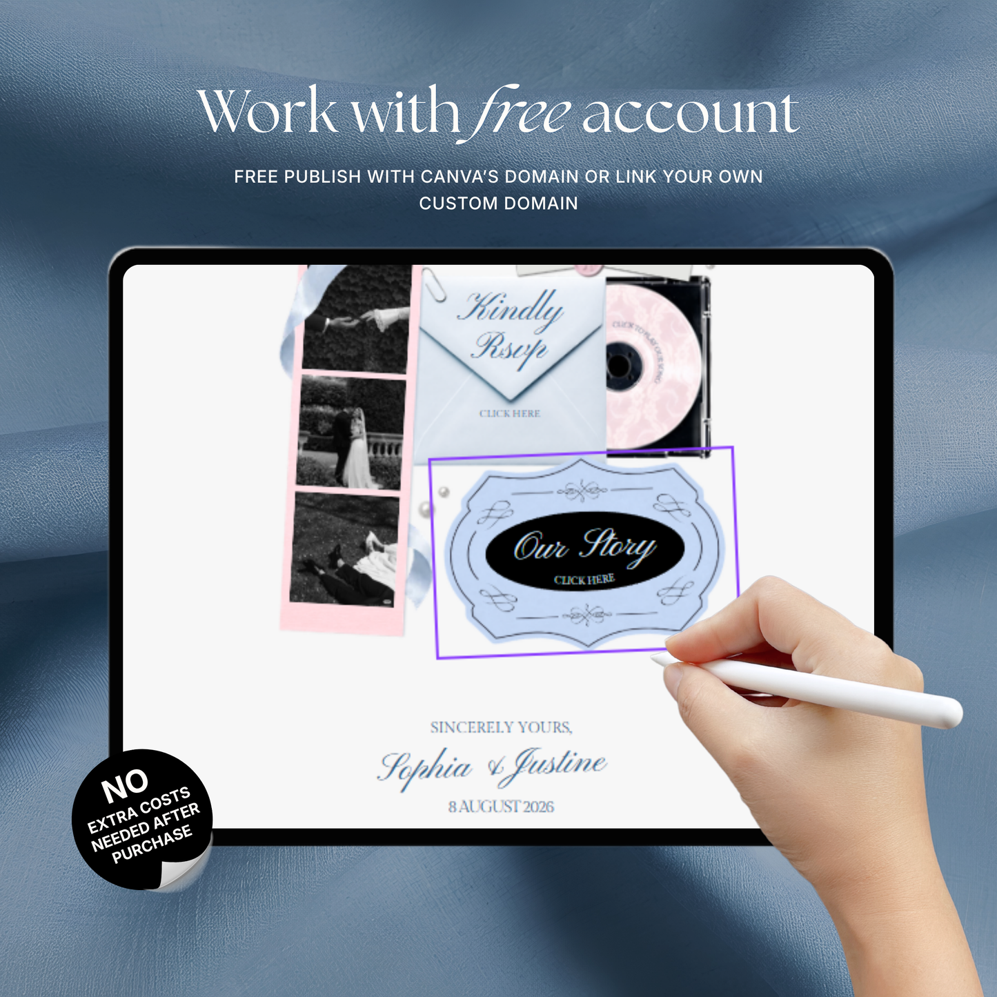 Blush Pink Blue Floral Wedding Website Template with RSVP, Music and Countdown Timer: Editable Canva Website (Digital Download)