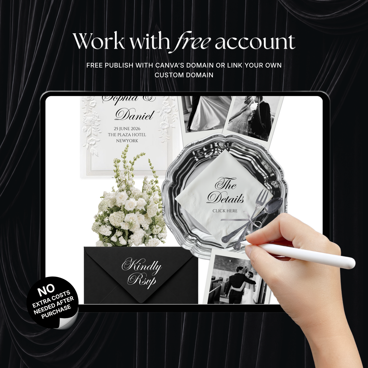 White Black Floral Wedding Website Template with RSVP, Music and Countdown Timer: Digital Wedding Template (Digital Download)