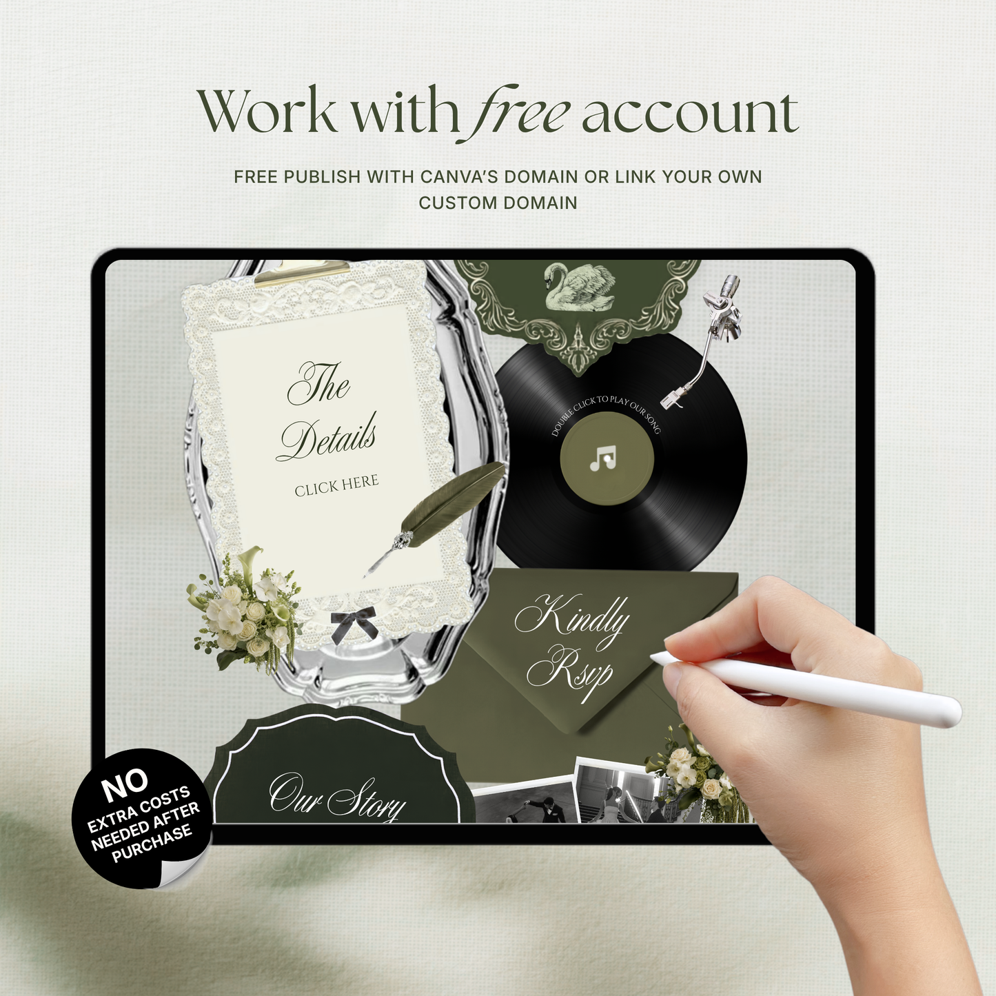 Olive Green Vintage Wedding Website Template with RSVP, Music and Countdown Timer: Canva Editable Template (Digital Download)