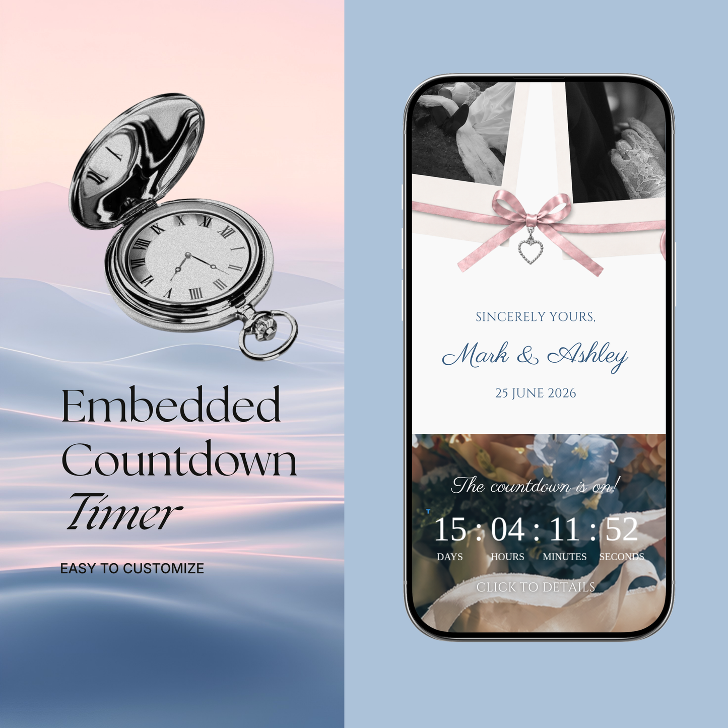 Blush Pink & Blue Floral Wedding Website Template with RSVP, Music and Countdown Timer: Digital Wedding Template (Digital Download)