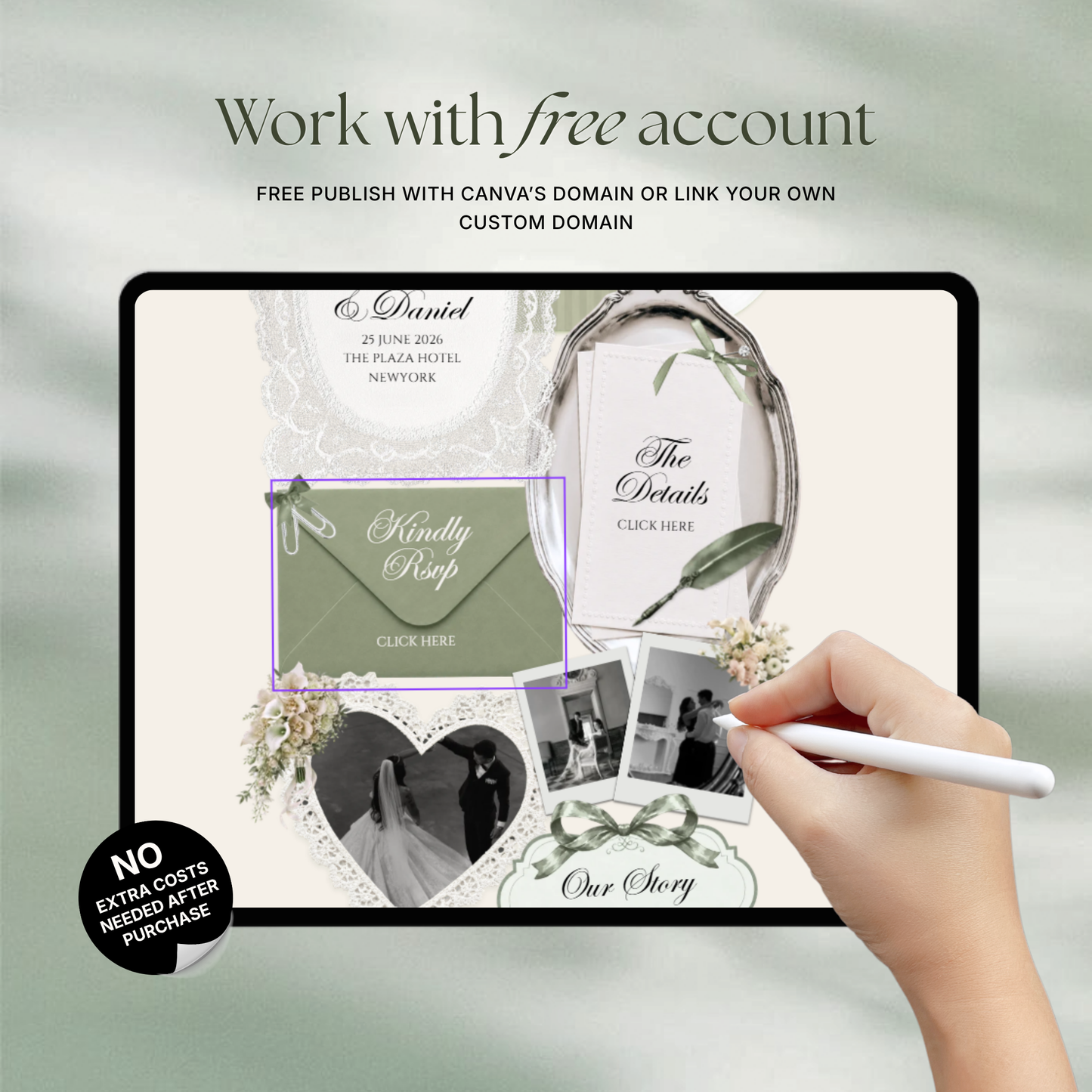 Sage Green Ivory Floral Wedding Website Template with RSVP, Music and Countdown Timer: Canva Editable Template (Digital Download)