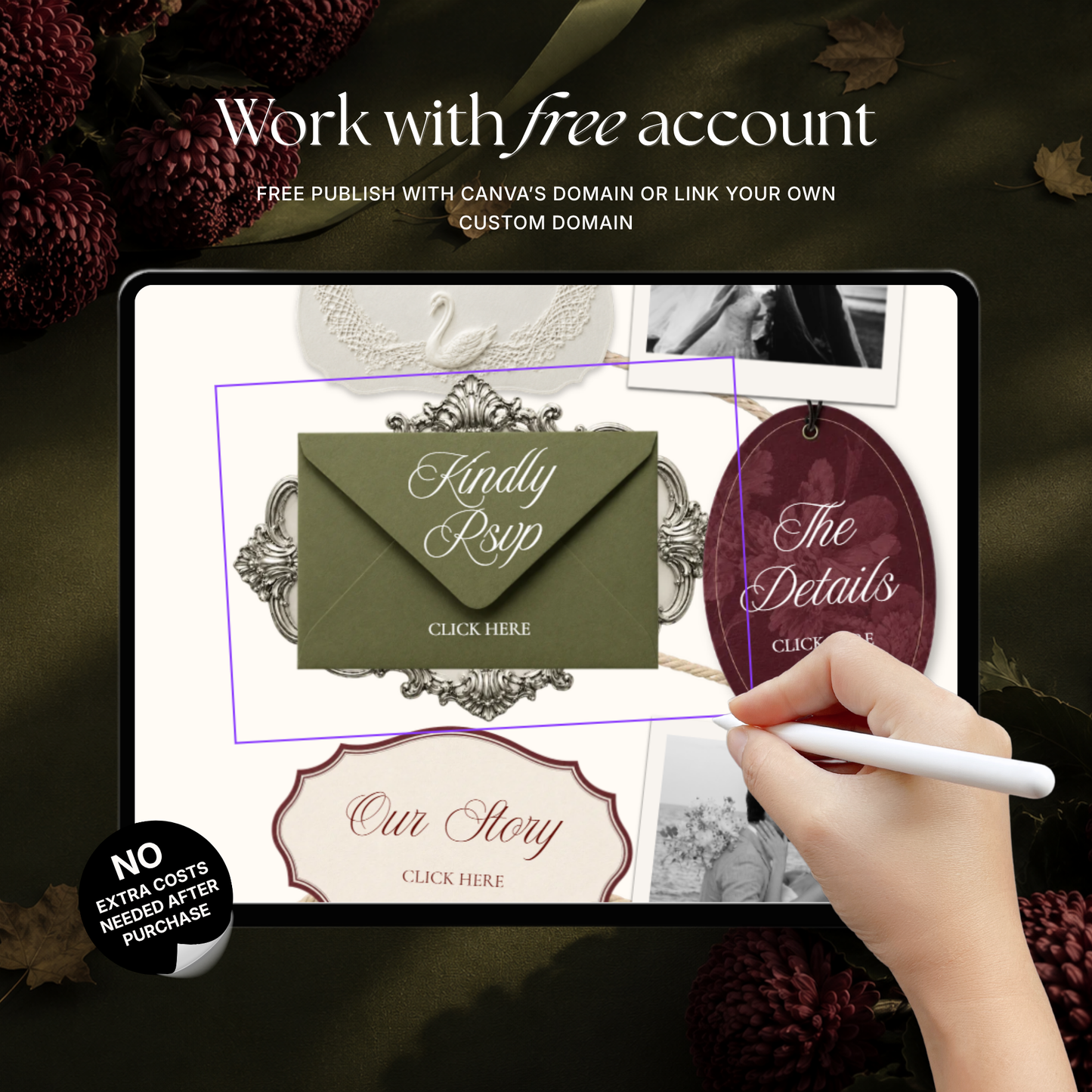 Olive Green & Burgundy Floral Wedding Website Template | Digital Editable Website with RSVP, Music and Countdown Timer | Instant Download
