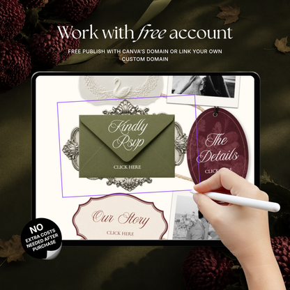 Olive Green & Burgundy Floral Wedding Website Template | Digital Editable Website with RSVP, Music and Countdown Timer | Instant Download