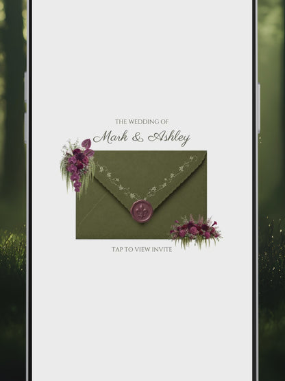 Olive Green & Burgundy Floral Wedding Website Template | Wedding Invitation with RSVP, Music and Countdown Timer | Instant Download