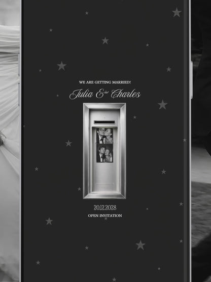 Black Photo Booth Wedding Website Template | Modern Wedding Invitation with RSVP, Music and Countdown Timer | Instant Download